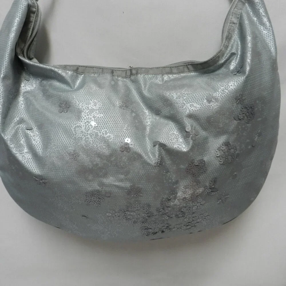 LeSportSac Sequin large Hobo bag purse zip top adjustable Expandable gray NEW